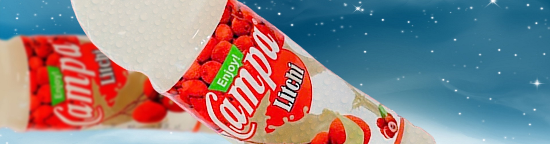 Banner displaying Campa litchi product bottle