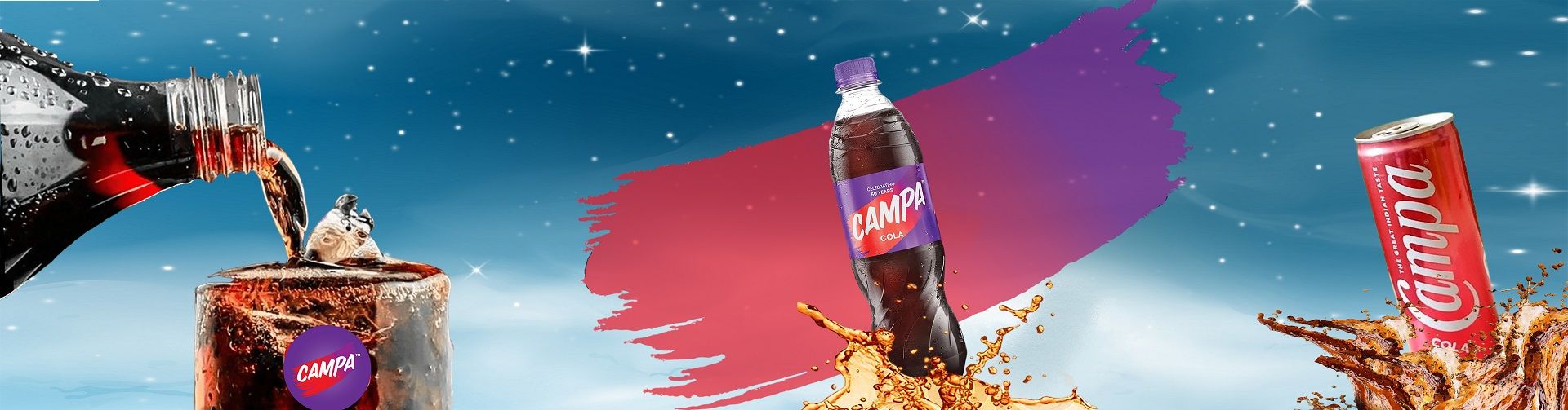 Enjoy Campa Cola drinks at an outdoor event, surrounded by green trees and blue skies.
