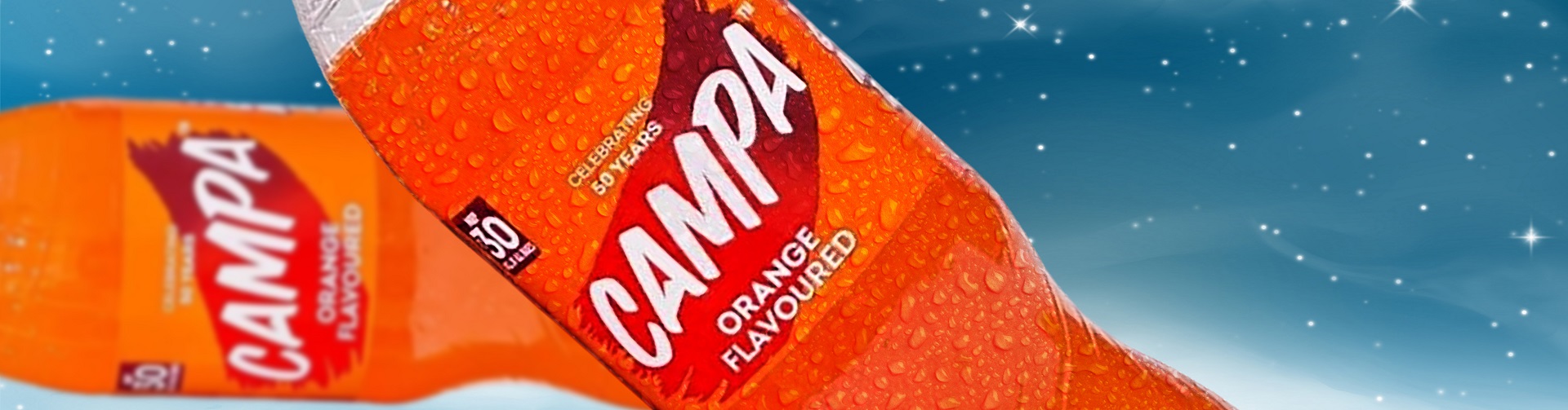 Image of a Campa Orange banner with a refreshing drink